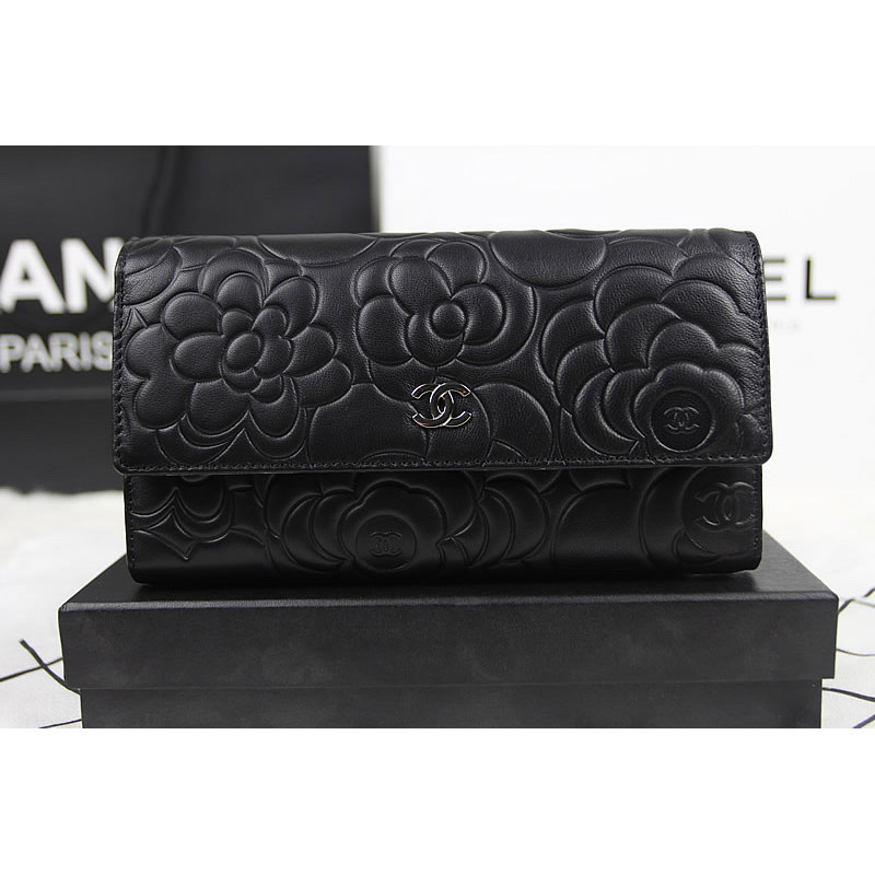 2015 Chanel Camellia Tri-Fold Wallet Original Leater A50084 Black