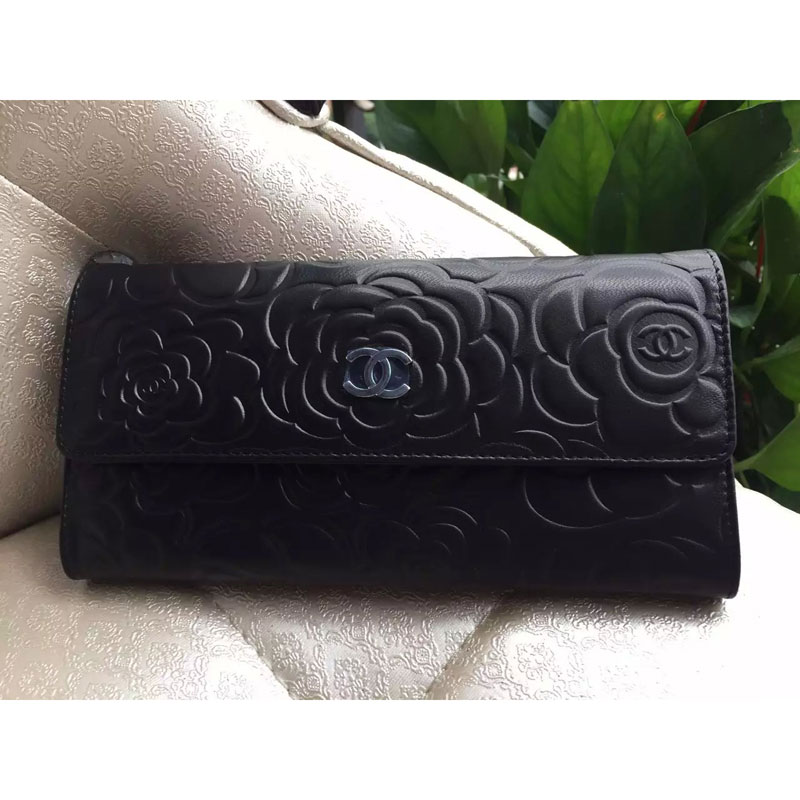 2015 Chanel Camellia Tri-Fold Wallet Original Leater A50084 Black