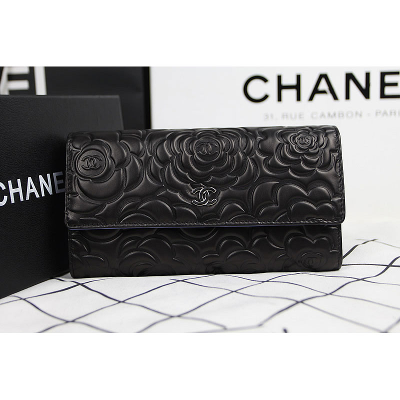 2015 Chanel Camellia Tri-Fold Wallet Original Leater A50084 Black