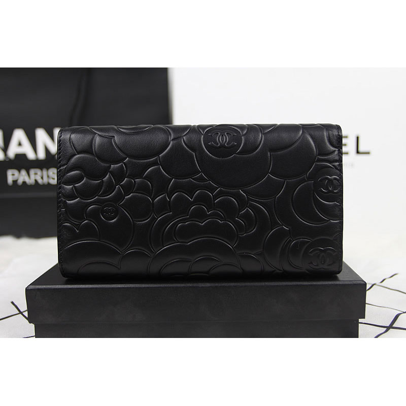 2015 Chanel Camellia Tri-Fold Wallet Original Leater A50084 Black