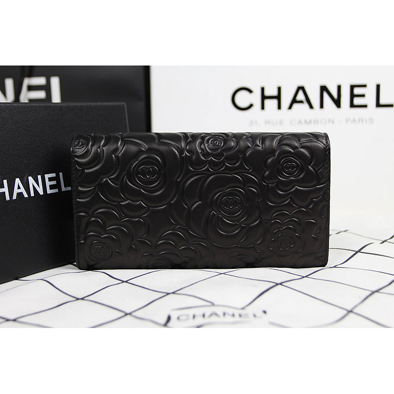 2015 Chanel Camellia Tri-Fold Wallet Original Leater A50084 Black