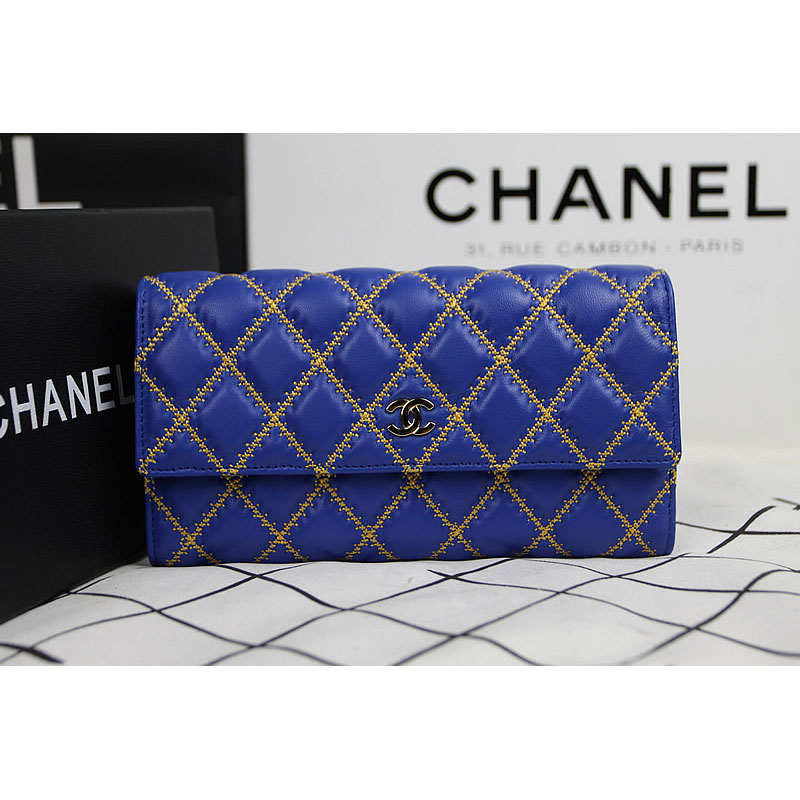 2015 Chanel Camellia Tri-Fold Wallet Original Leater A50084 Blue