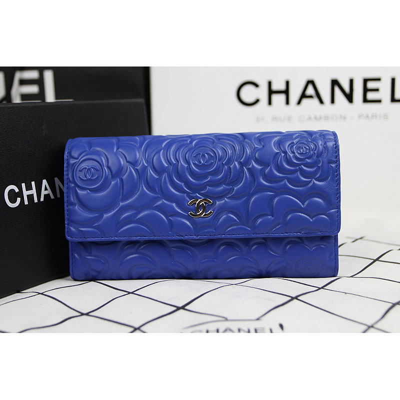 2015 Chanel Camellia Tri-Fold Wallet Original Leater A50084 Blue