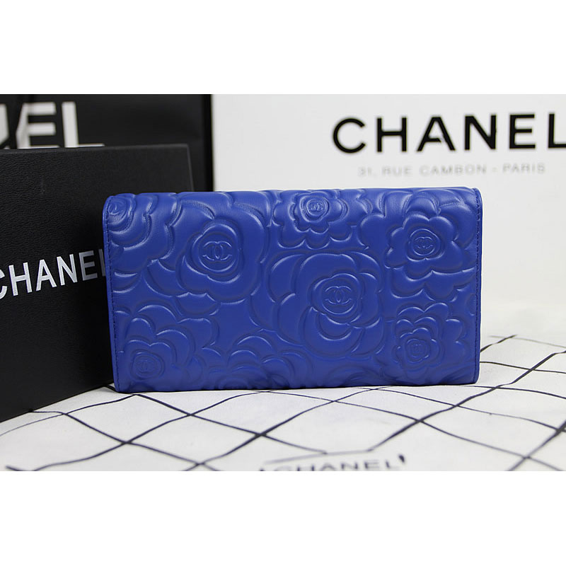 2015 Chanel Camellia Tri-Fold Wallet Original Leater A50084 Blue