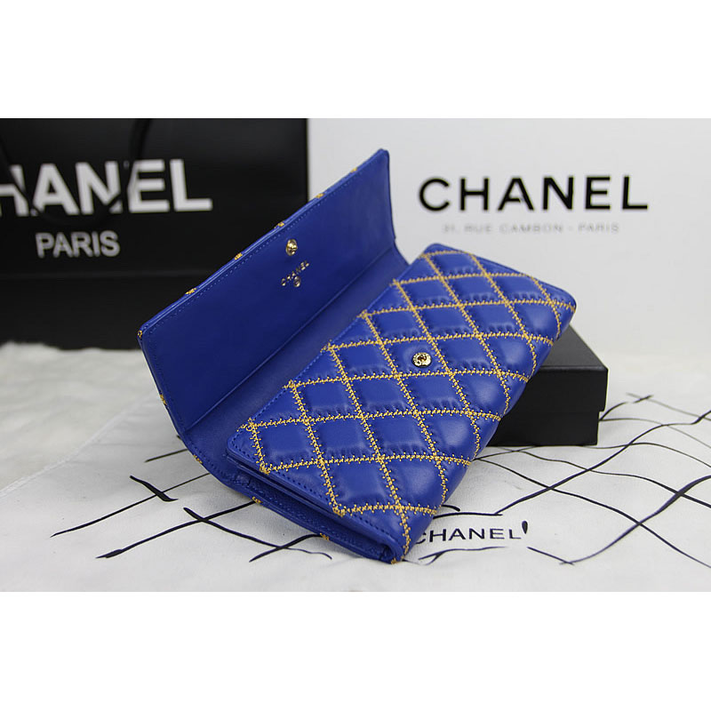 2015 Chanel Camellia Tri-Fold Wallet Original Leater A50084 Blue