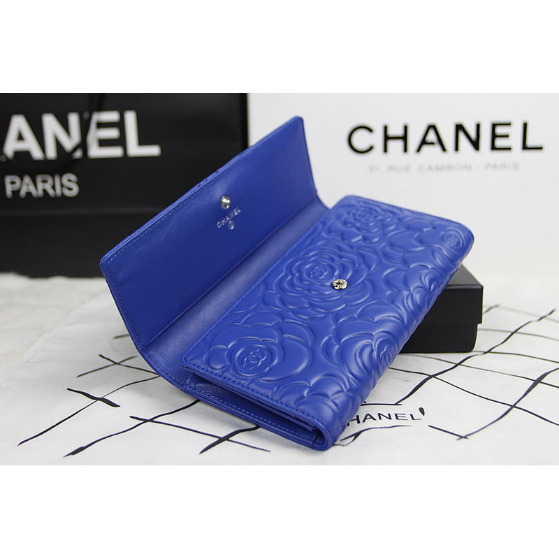 2015 Chanel Camellia Tri-Fold Wallet Original Leater A50084 Blue