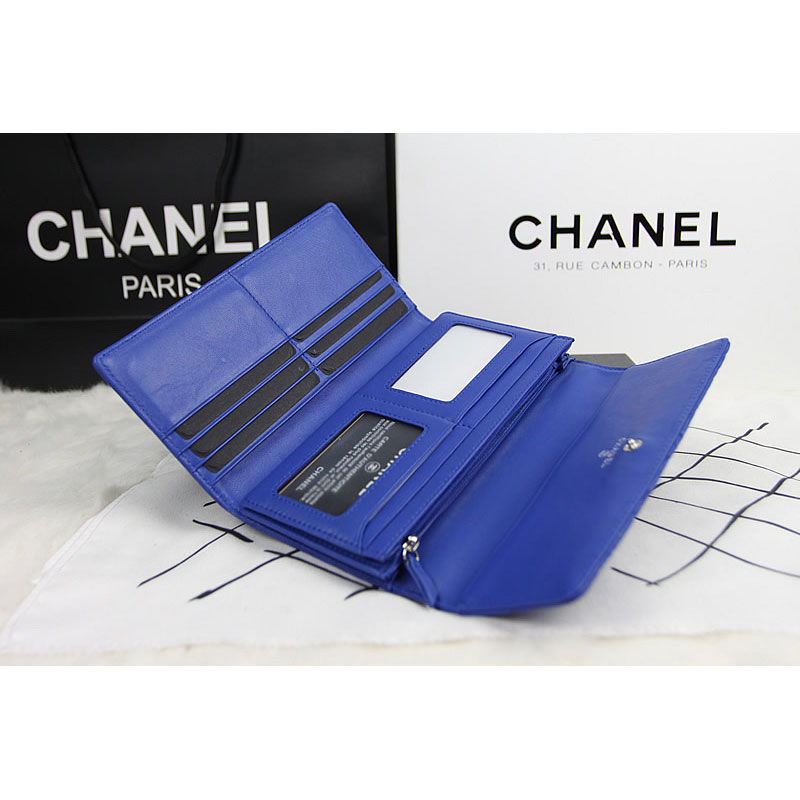 2015 Chanel Camellia Tri-Fold Wallet Original Leater A50084 Blue