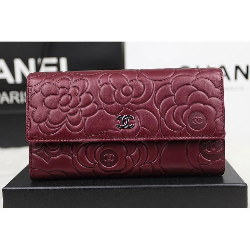 2015 Chanel Camellia Tri-Fold Wallet Original Leater A50084 Claret