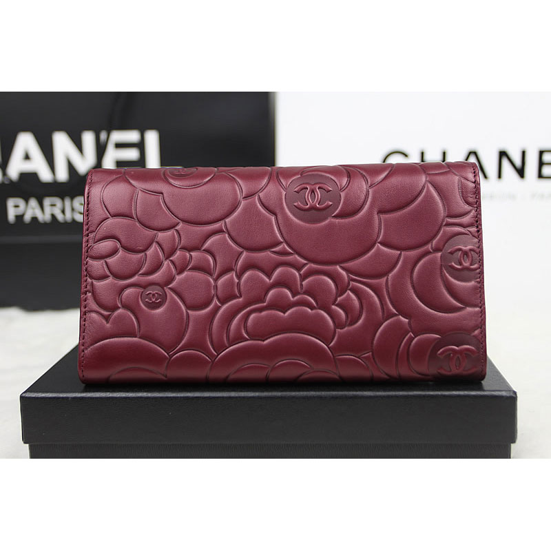 2015 Chanel Camellia Tri-Fold Wallet Original Leater A50084 Claret