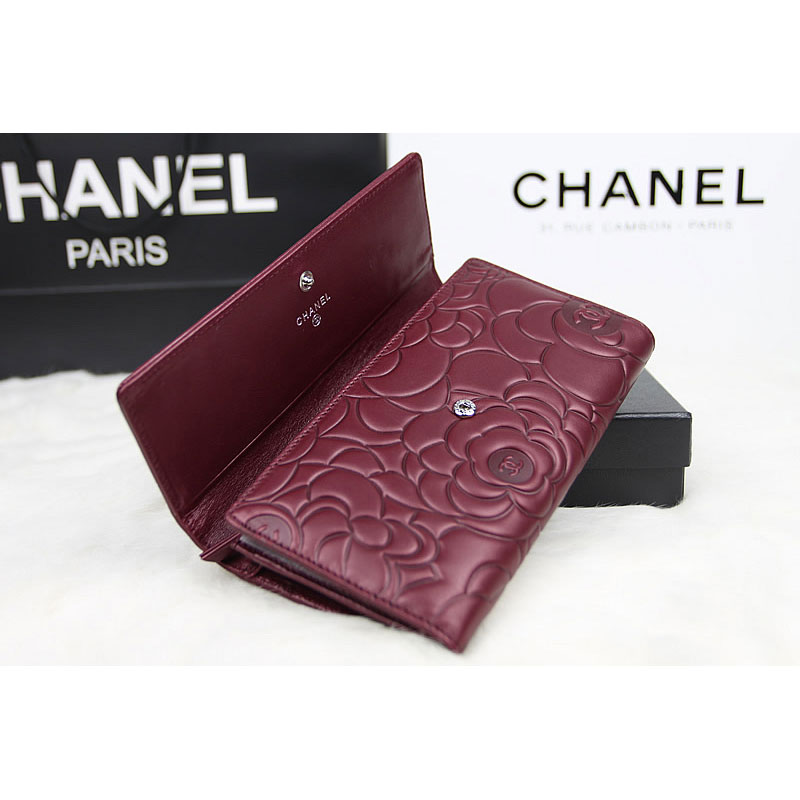 2015 Chanel Camellia Tri-Fold Wallet Original Leater A50084 Claret