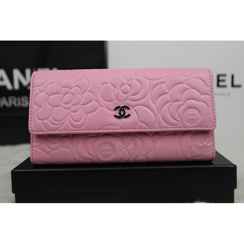 2015 Chanel Camellia Tri-Fold Wallet Original Leater A50084 Pink