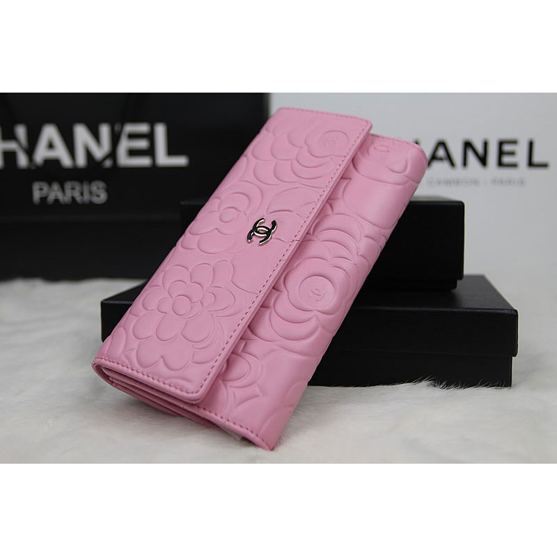 2015 Chanel Camellia Tri-Fold Wallet Original Leater A50084 Pink