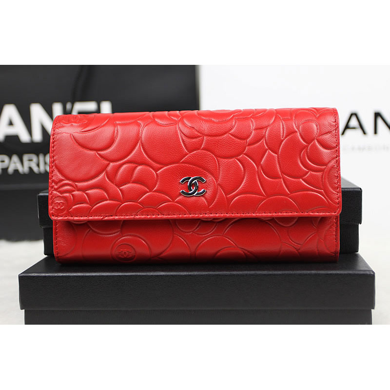 2015 Chanel Camellia Tri-Fold Wallet Original Leater A50084 Red