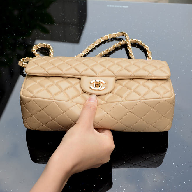 2015 Chanel Classic Flap Bag Apricot Sheepskin leather A37586 Gold