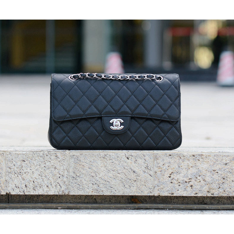 2015 Chanel Classic Flap Bag Caviar Leather 1113 Black with Silver