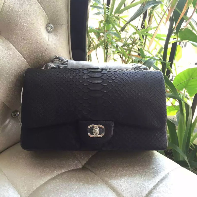 2015 Chanel Classic Flap Bag Genuine Python Leather 1113 Black