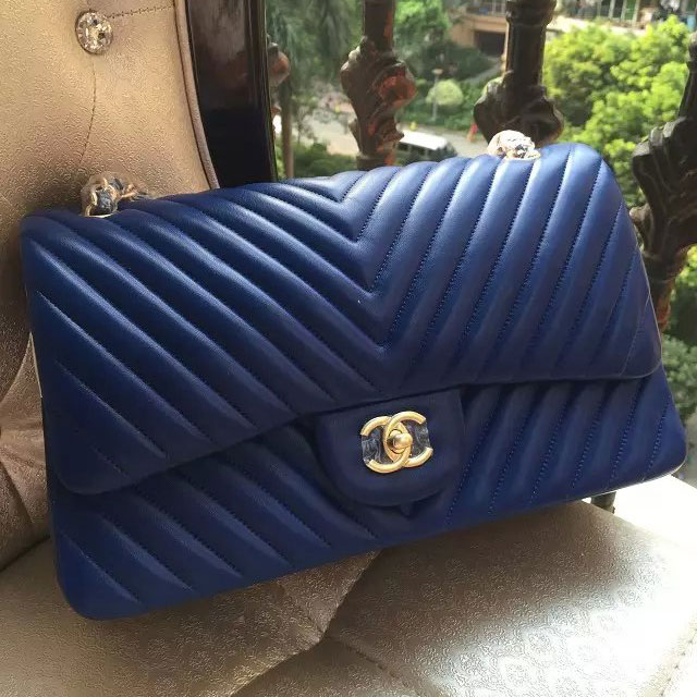 2015 Chanel Classic Flap Bag Original Sheepskin Leather 1113 Blue with Gold