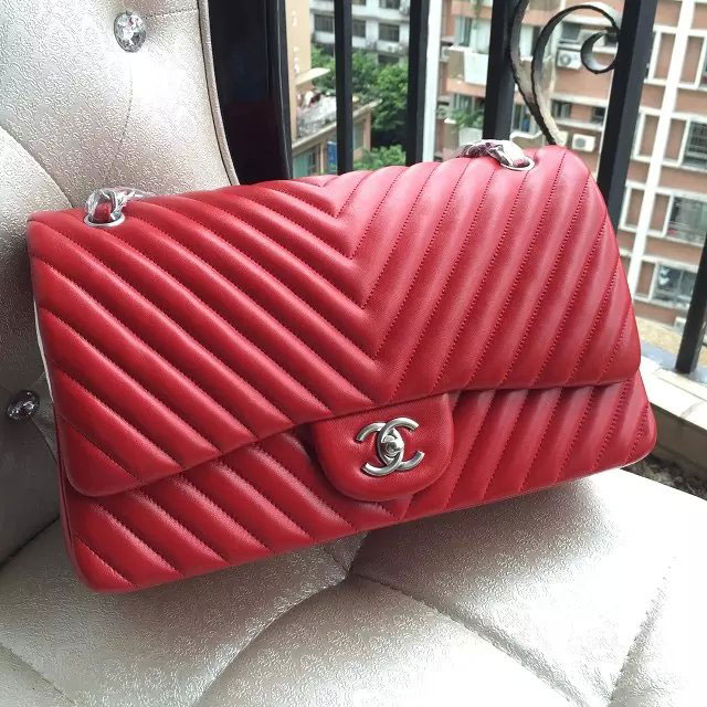 2015 Chanel Classic Flap Bag Original Sheepskin Leather 1113 Red with Silver