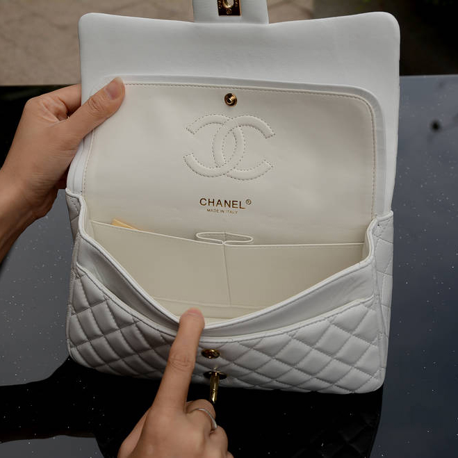 2015 Chanel Classic Flap Bag White Sheepskin leather A37586 Gold