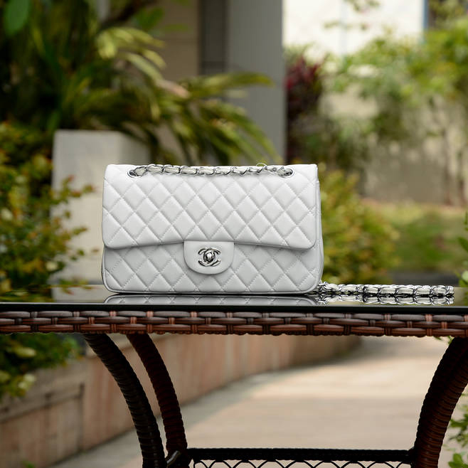 2015 Chanel Classic Flap Bag White Sheepskin leather A37586 Silver