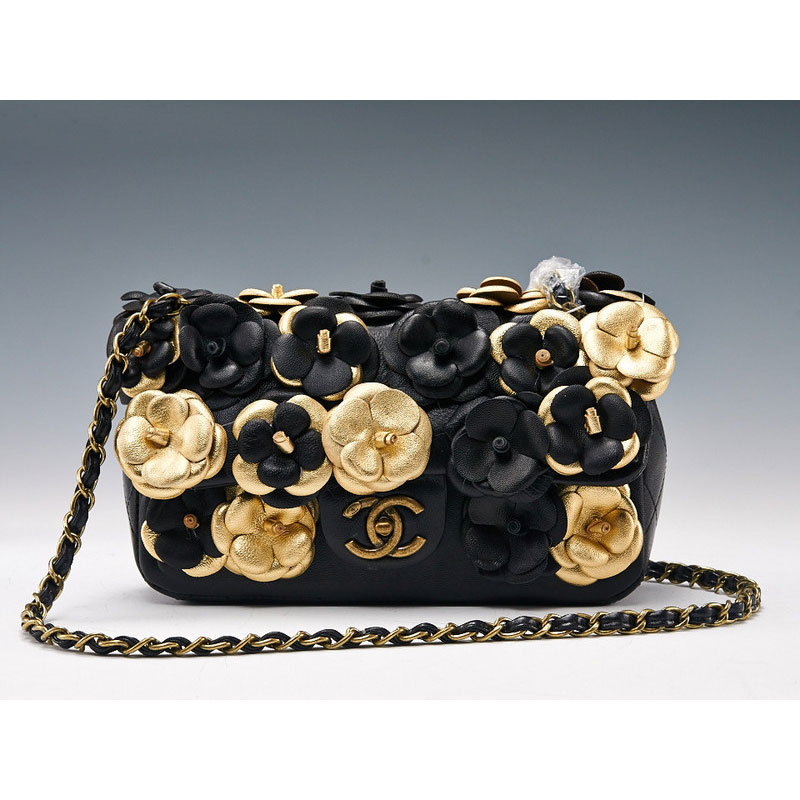 2015 Chanel Classic Flap Camellia Bag Sheepskin Leather A8870 Black&Gold