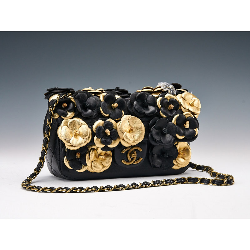 2015 Chanel Classic Flap Camellia Bag Sheepskin Leather A8870 Black&Gold