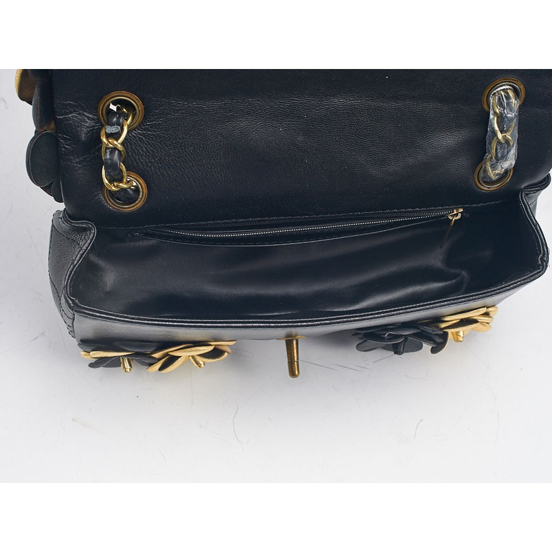 2015 Chanel Classic Flap Camellia Bag Sheepskin Leather A8870 Black&Gold