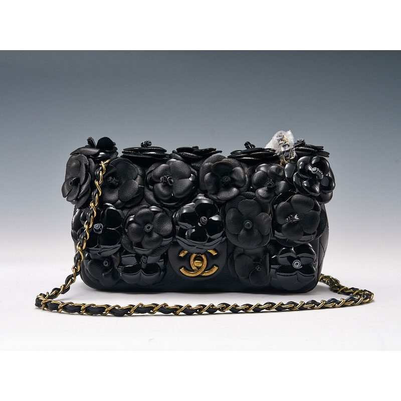 2015 Chanel Classic Flap Camellia Bag Sheepskin Leather A8870 Black