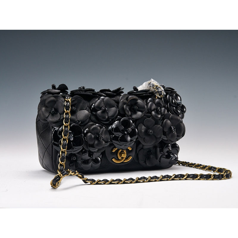 2015 Chanel Classic Flap Camellia Bag Sheepskin Leather A8870 Black