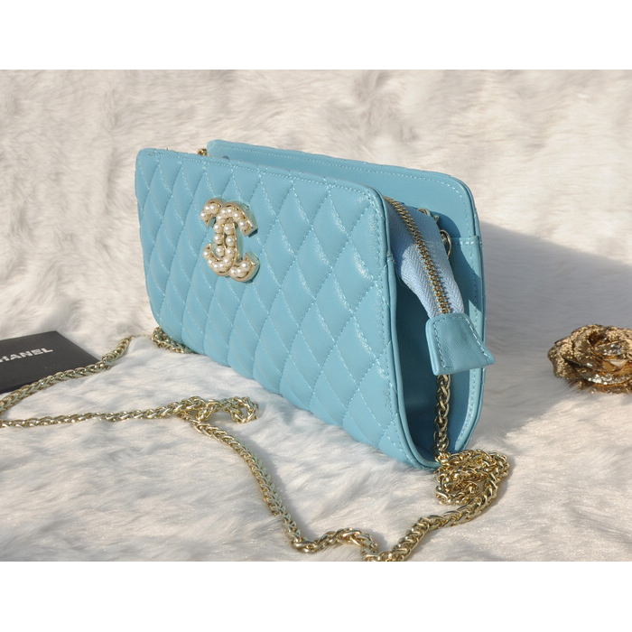 2015 Chanel Clutch Shoulder Bag Sheepskin Leather A94306 Light Blue