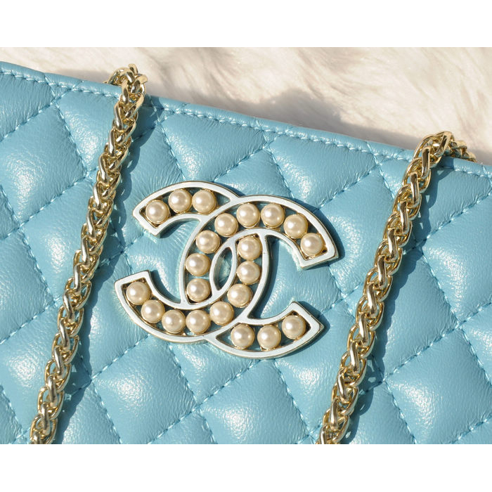 2015 Chanel Clutch Shoulder Bag Sheepskin Leather A94306 Light Blue