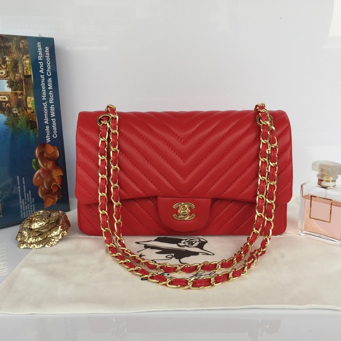 2015 Chanel Lambskin Chevron Quilting Classic Flap Bag 1112 Red