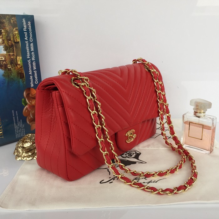 2015 Chanel Lambskin Chevron Quilting Classic Flap Bag 1112 Red