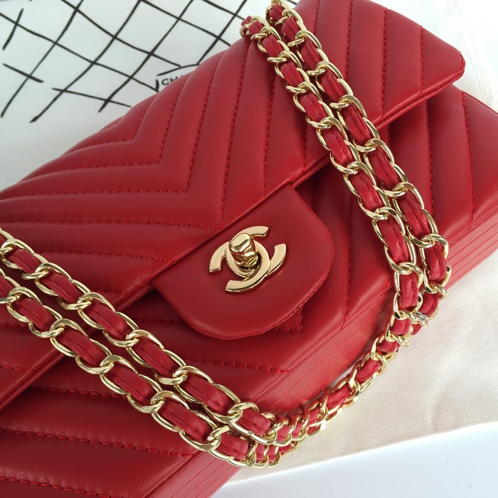 2015 Chanel Lambskin Chevron Quilting Classic Flap Bag 1112 Red