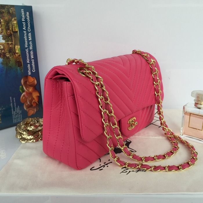 2015 Chanel Lambskin Chevron Quilting Classic Flap Bag 1112 Rose