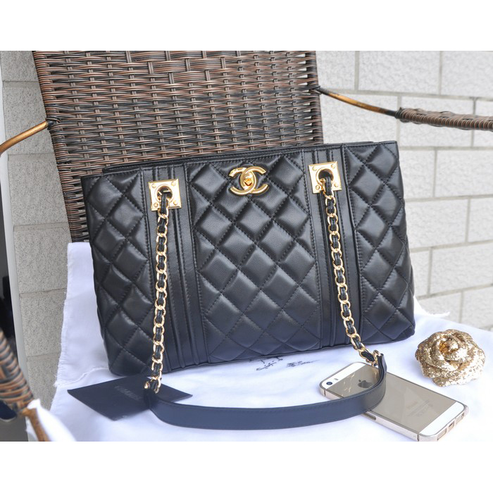 2015 Chanel Large Shopping Bag Lambskin Leather A8209 Black