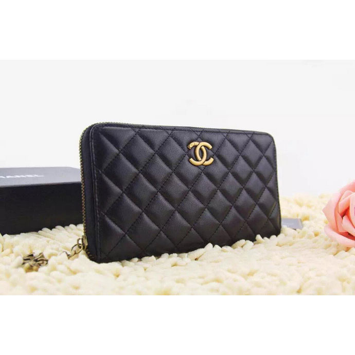 2015 Chanel Matelasse Calfskin Leather Zip Around Wallet A219007 Black