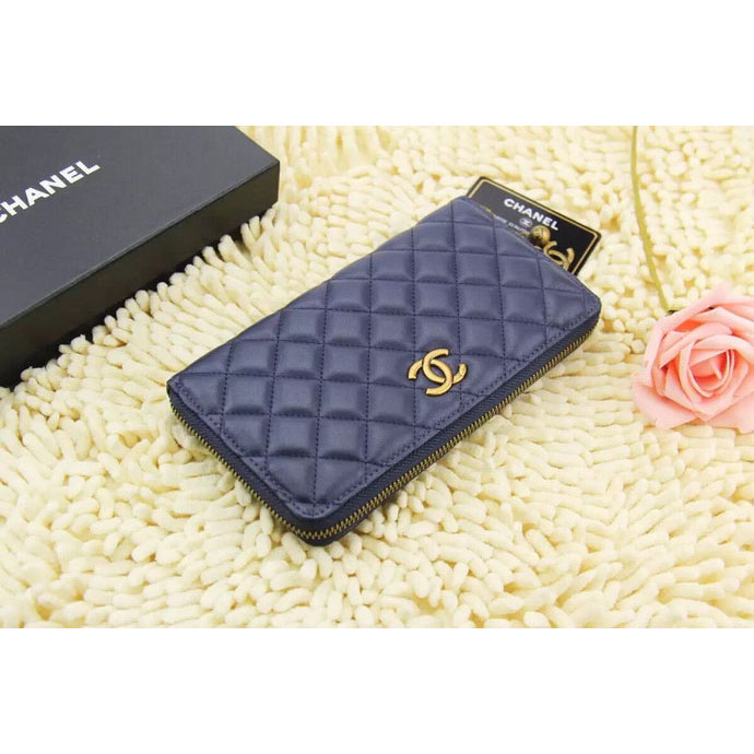 2015 Chanel Matelasse Calfskin Leather Zip Around Wallet A219007 Royal