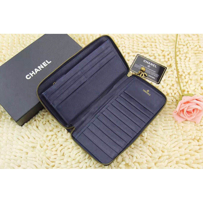 2015 Chanel Matelasse Calfskin Leather Zip Around Wallet A219007 Royal