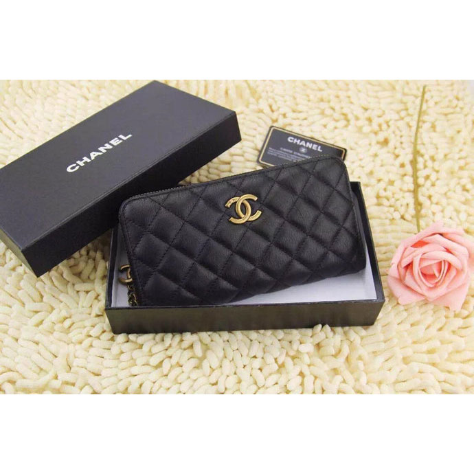 2015 Chanel Matelasse Original Leather Zip Around Wallet A219004 Black