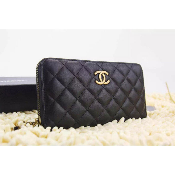 2015 Chanel Matelasse Original Leather Zip Around Wallet A219004 Black