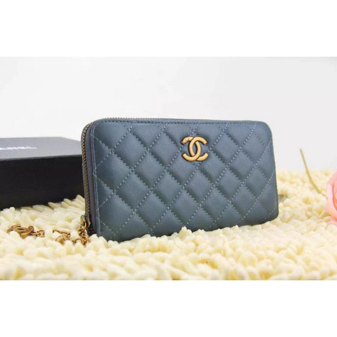 2015 Chanel Matelasse Original Leather Zip Around Wallet A219004 SkyBlue