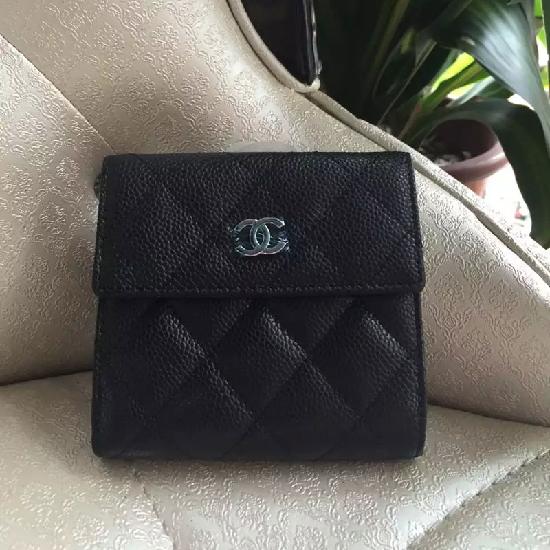 2015 Chanel Matelasse Tri-Fold Wallet Original Caviar Leather A48980 Black with Silver