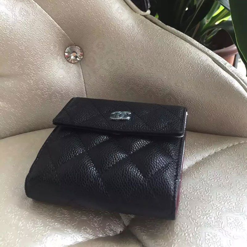 2015 Chanel Matelasse Tri-Fold Wallet Original Caviar Leather A48980 Black with Silver