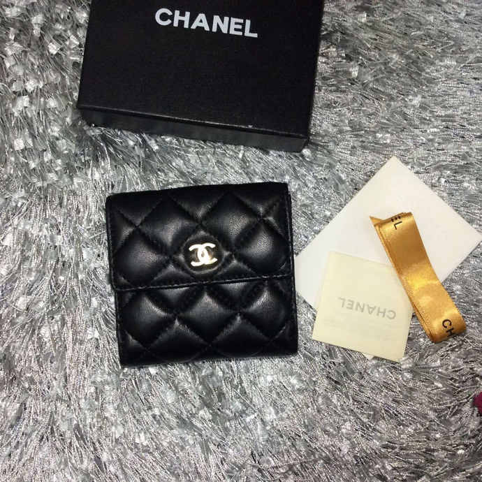 2015 Chanel Matelasse Tri-Fold Wallet Original Sheepskin Leather A48980 Black