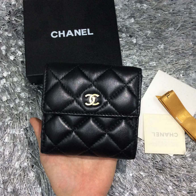 2015 Chanel Matelasse Tri-Fold Wallet Original Sheepskin Leather A48980 Black