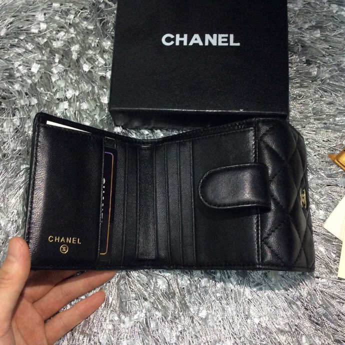 2015 Chanel Matelasse Tri-Fold Wallet Original Sheepskin Leather A48980 Black