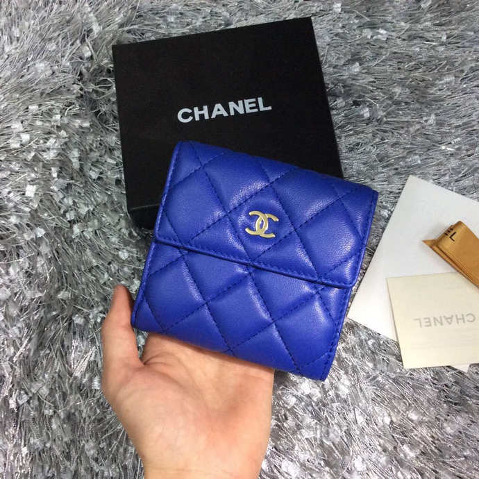 2015 Chanel Matelasse Tri-Fold Wallet Original Sheepskin Leather A48980 Blue