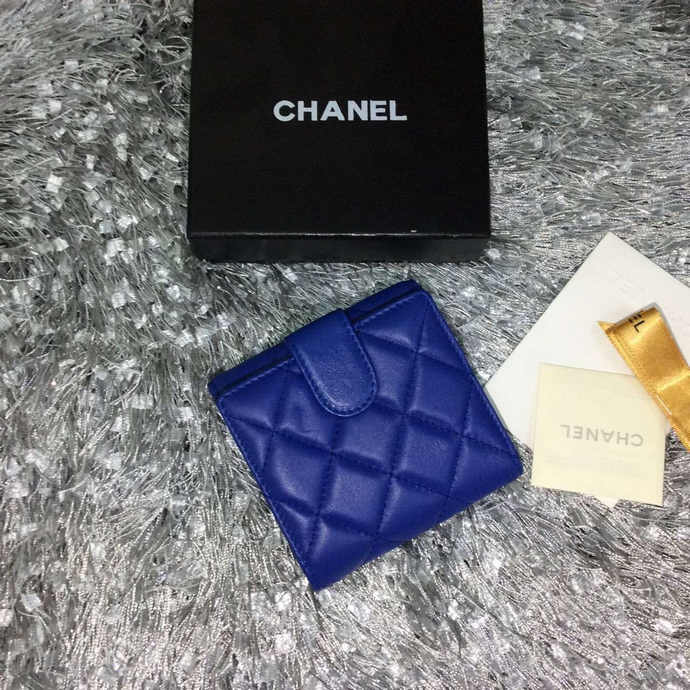 2015 Chanel Matelasse Tri-Fold Wallet Original Sheepskin Leather A48980 Blue