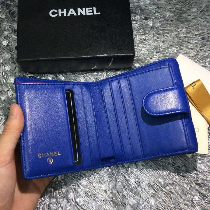 2015 Chanel Matelasse Tri-Fold Wallet Original Sheepskin Leather A48980 Blue